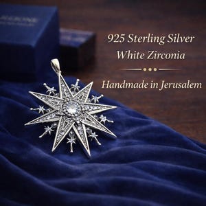 Handmade Big Star of Bethlehem | Star of the North Pendant | Sparkling White Zircons | Premium 925 Silver | No chain | 1.40x1.40 Inch image 12