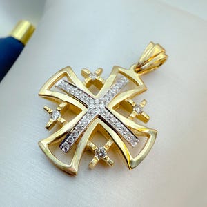 Jerusalem Cross Pendant | Celebrate Church Worship & Faith | Handmade Holy Land Design | 33 Diamonds 0.40ct | 0.95 inch | 14k Gold