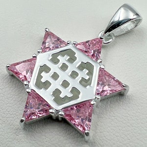 Silver David Star with Jerusalem Cross and with pink gemstones (silver 925) Pendant
