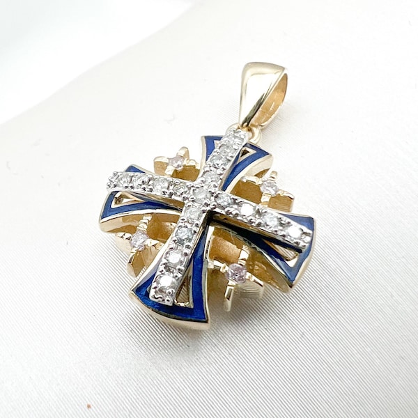 Jerusalem Cross 14k Gold & Diamonds Pendant with Blue Enamel