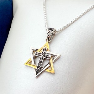Sacred Fusion: Messianic Elegance - Sterling Silver (925) & Gold David Star with Cross Pendant, Sparkling Zircons + Complementary Chain