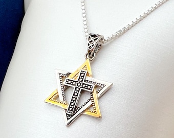 Elegant Messianic Star of David Cross Pendant | Dazzling Zircons | Sterling Silver 925 & 18k Gold Design | Chain Included