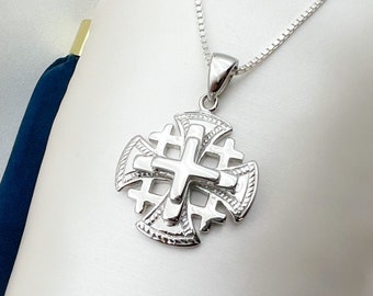 Exquisite 3-Layer Jerusalem Cross Pendant crafted from Sterling Silver 925, complete with a matching silver 925 chain.