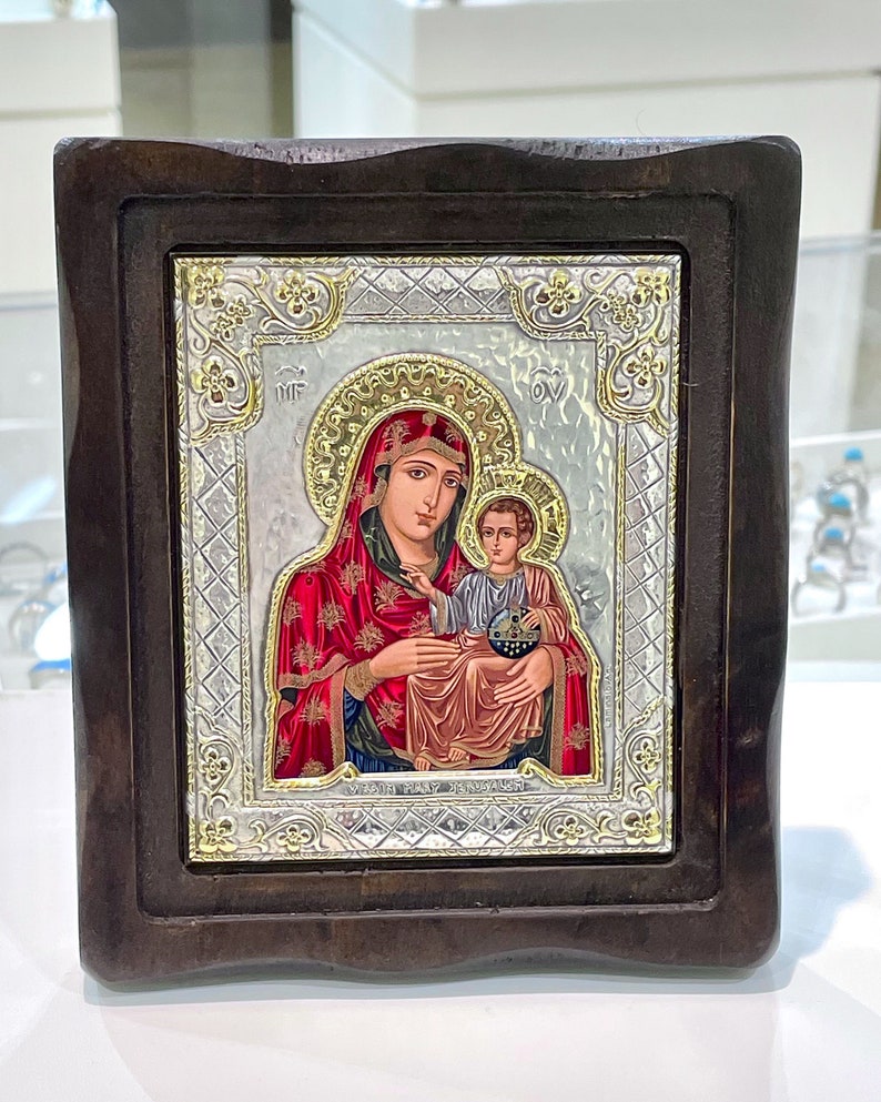 Virgin Mary & Jesus Icon Silver 925 5.90x5.00 Inch image 2