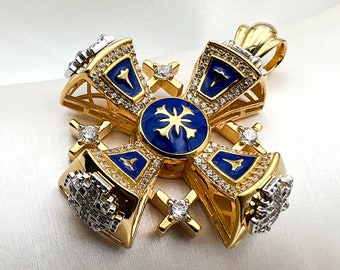Jerusalem Cross: Sterling Silver 925 Pendant with a Layer of 18K Gold, Blue Enamel, and Sparkling Zircons -  Big Size Design