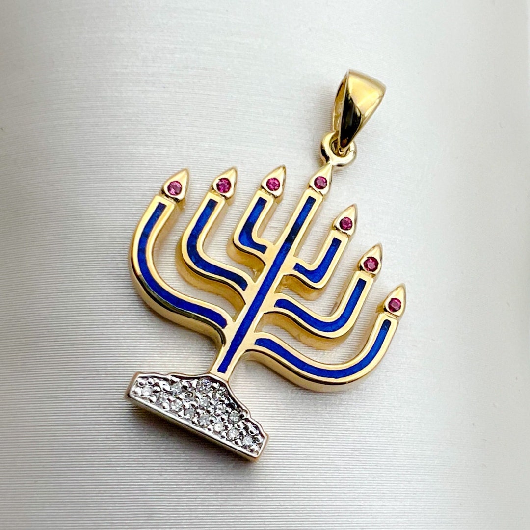Menorah Red Radiant Menorah Pendant | 15 Diamonds 0.15ct & 7 Red Rubies 0.07ct ...
