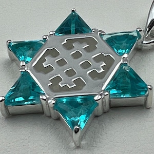 Silver David Star with Jerusalem Cross and Aqua Marine Stones (silver 925) Pendant.