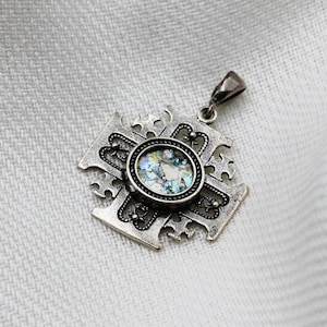 Römisches Glas Jerusalem Kreuz Anhänger, Silber 925