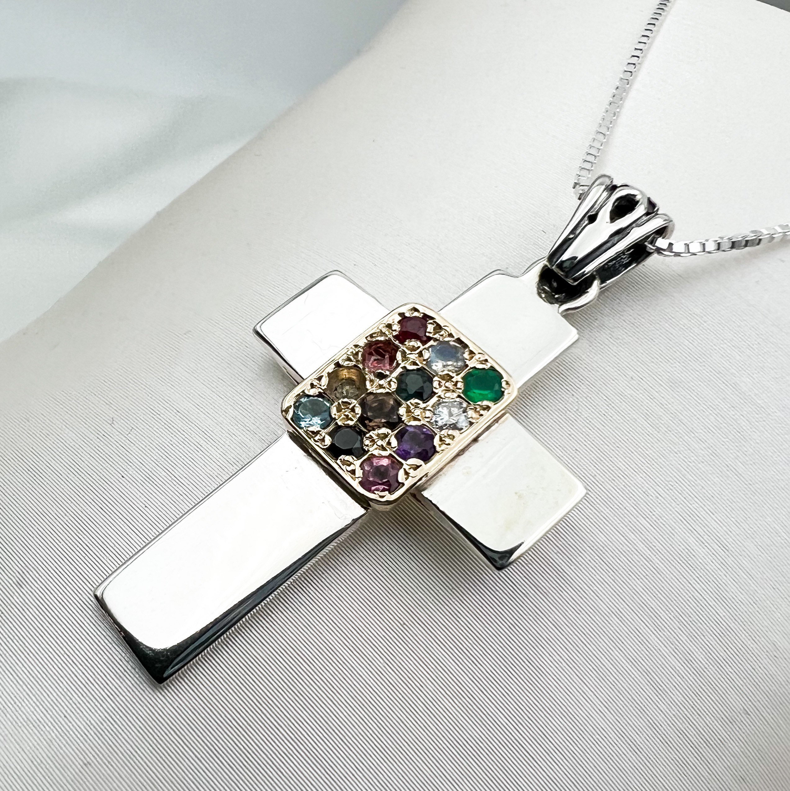 The 12 Stone Breastplate Hoshen on the Cross Pendant Silver