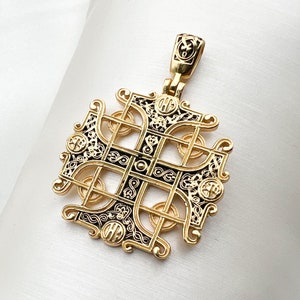 Sacred Elegance: Sterling Silver 925 & Gold Jerusalem Cross Pendant with Intricate Black Enamel Engraving