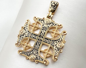 Sacred Elegance: Sterling Silver 925 & Gold Jerusalem Cross Pendant with Intricate Black Enamel Engraving