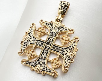 Jerusalem Cross Pendant | Silver 925 with Gold Accents and Intricate Black Enamel | Symbol of Sacred Elegance & Refined Craftsmanship