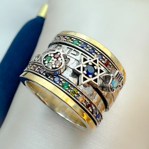 Zegening-spinnerring | Heer zegene je, ik ben van mijn geliefden, engelen beschermen je | Hoshen-stenen | Zilver 925 en 18 kt goud