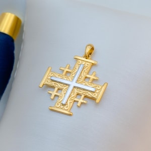 Jerusalem Cross Pendant | Church Faith Jewelry with Engraving | Christian Gift from Holy Land | 14k Solid Gold | Large Size 0.90 Inch.
