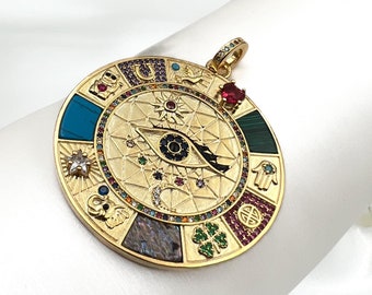 The Protection Pendant - Large, 925 Silver & Gold - 12+ Stones and Symbols: Eye, Hamsa, Horseshoe, Moon, Holy Spirit, Lucky Cat and More