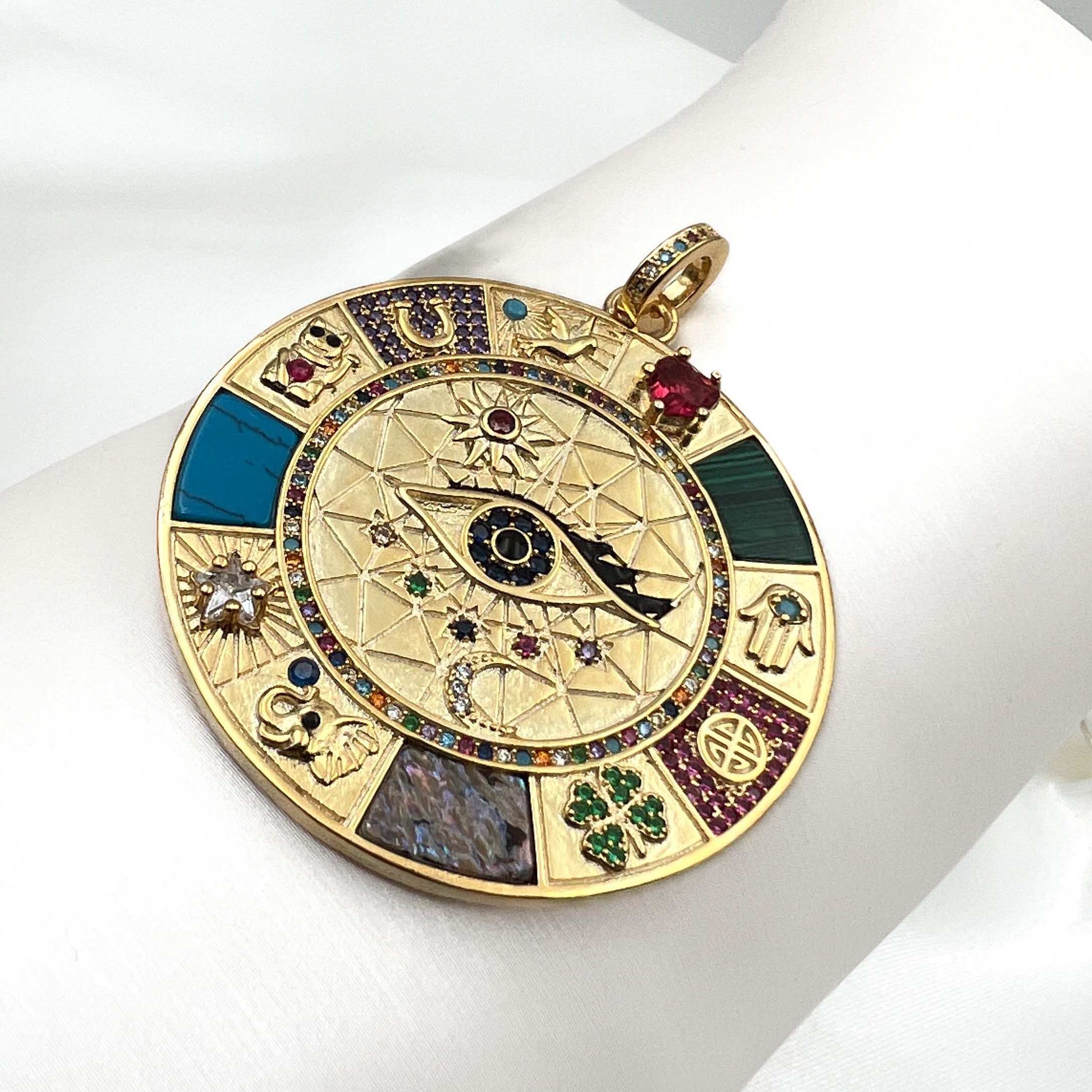 Der Schutz Anhänger - Groß, 925 Silber & Gold - 12+ Steine und Symbole: Auge, Hamsa, Hufeisen, Mond, Heiliger Geist, Glückskatze und Mehr