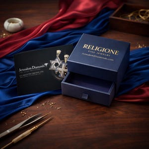 Puede incluir: Un joyero cuadrado de color azul oscuro con un caj&oacute;n extra&iacute;ble, que presenta el texto dorado RELIGIONE FINE JEWELRY y JerusalemDiamonds.com. Al lado hay una tarjeta de certificado de garant&iacute;a negra con im&aacute;genes de una estrella de David y una cruz.