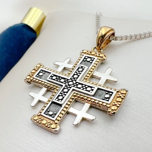 Exquisite Handmade Jerusalem Cross Pendant in Silver & 14k Gold, with ‘Jerusalem’ Engraving on Back, Includes 925 Silver Chain