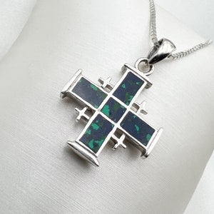 King Solomon Stone (Eilat Stone) Jerusalem Cross Pendant in Sterling Silver (925) - Includes Matching Sterling Silver Chain.