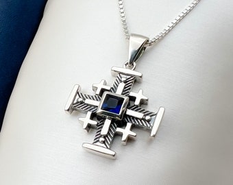 Exquisite Jerusalem Cross Pendant with Blue Sapphire Stone, Crafted in Sterling Silver (925). Complete with a Matching Silver Chain.