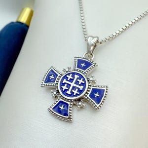 Jerusalem Cross Pendant Blue Enamel | White Zircons Church Gift | 0.70 Inch Religious Necklace | Silver 925