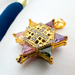 Double-Sided David Star & Jerusalem Cross Pendant - Colorful Stones | Silver 925 with 18k Gold Layer | Spiritual Elegance and Unique Design