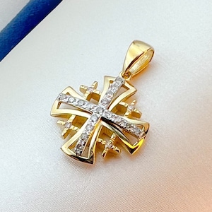 Handmade Jerusalem Cross Pendant - 14k Gold, 21 Diamonds (0.21ct), 0.55x0.55 Inch - Timeless Elegance in Every Detail.