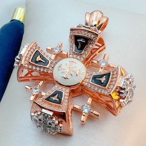 Jerusalem Cross Pendant | Large Design with 18K Rose Gold Layer, White & Black Enamel, Zircon Accents | Sterling Silver 925