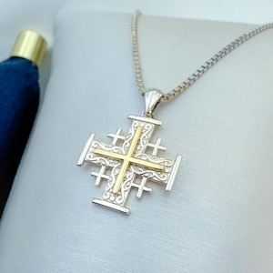 Jerusalem Cross Pendant 0.70 Inch | Handmade Holy Land Necklace with Chain | Engraved Jerusalem | Sterling Silver & 14K Solid Gold