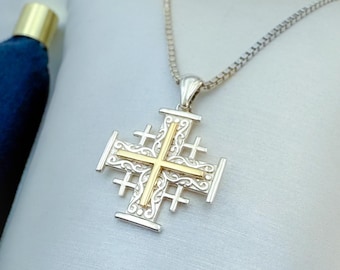 Jerusalem Cross Pendant | Church Faith Gift | Small Handmade Charm with Chain | 0.70 Inch | 925 Silver & 14k Gold.