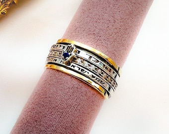 Priestly Blessing: May God Bless & Protect You, Shema Israel,  Hamsa Ring | Zircon Band, Blue Sapphire | 925 Silver, 14k Gold.