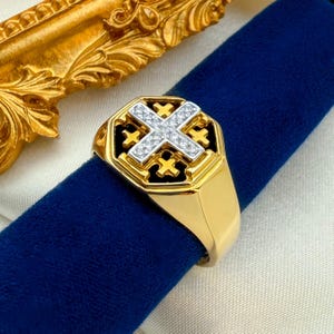 Jerusalem Kreuz Ring Glaube Signet für Kirche Männer | 13 Diamanten 0,22ct | Handgefertigtes 585/- Gelbgold