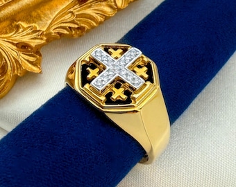 Gedurfde Jeruzalem-kruisring | Geloofszegel voor mannen in de kerk | 13 diamanten 0,22 kt | Handgemaakt massief 14k goud