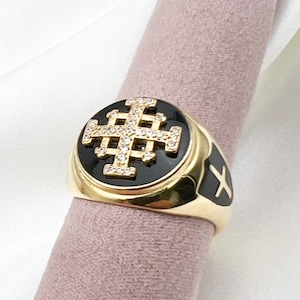 Jerusalem Kreuz Männerring | Zirkon-besetztes schwarzes Emaille Design | 18K Gold Schicht Sterling Silber 925