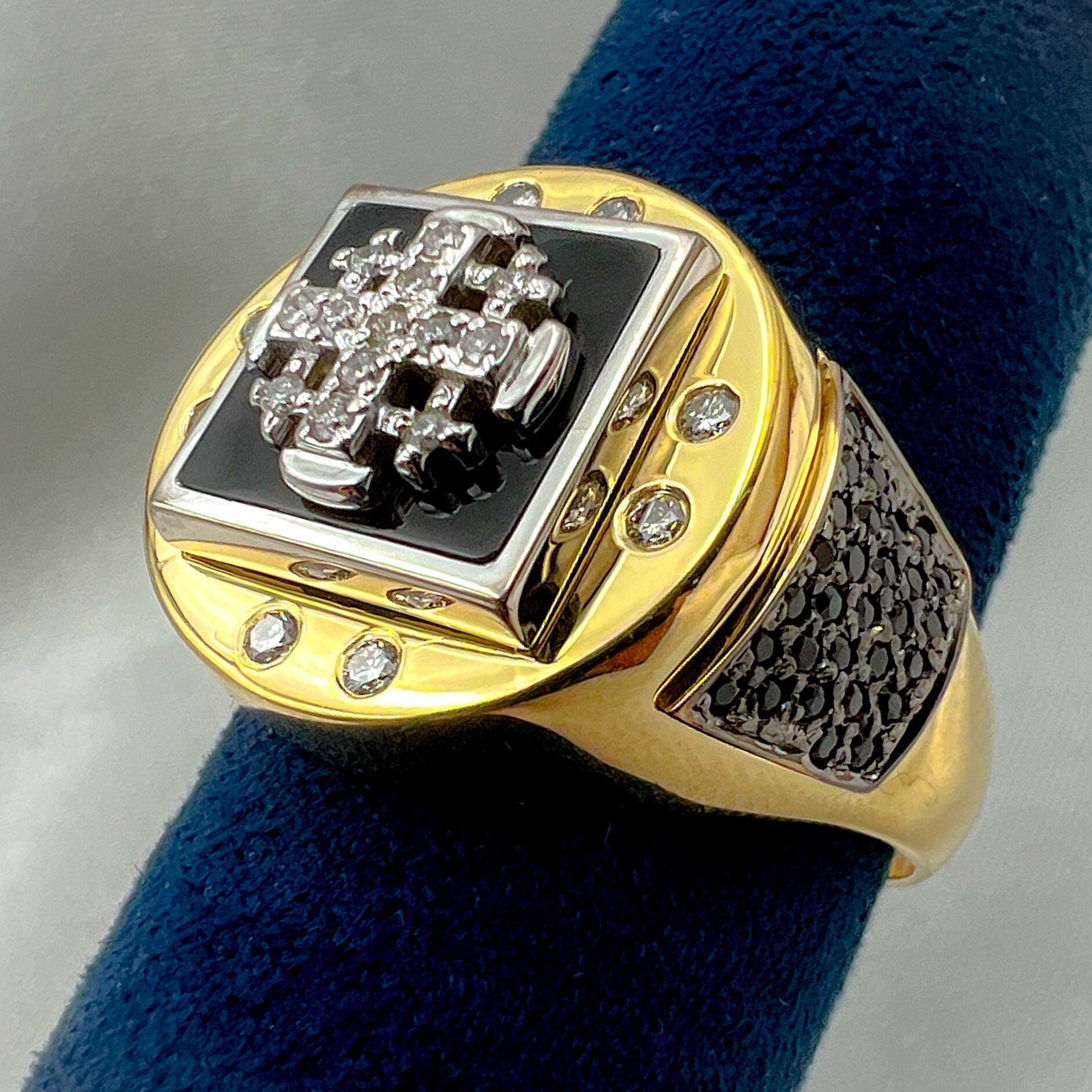 Exquisite 14k Gold Men’s Ring with a Jerusalem Cross, White and Black Diamonds, and Black Onyx