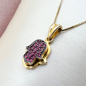 Hamsa Pendant with 21 Rubies | 0.15ct Dazzling Ruby Inlay for Protection & Elegance | Complete with 14k Gold Chain