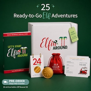 May include: A white box labeled Elfin Around with a green tag reading 2026 edition, a green guide book, a small white calendar with the number 24, a gold coin with a snowflake, a red drawstring bag labeled Elf Gear, and a North Pole Express ticket.