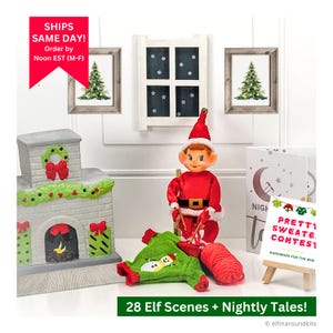 May include: A Christmas-themed display featuring an elf doll in a red suit, knitting a green sweater with a snowman design. The scene includes a fireplace, framed tree art, and a sign that says "Pretty Sweater Contest!" The text "28 Elf Scenes + Nightly Tales!" is also visible.