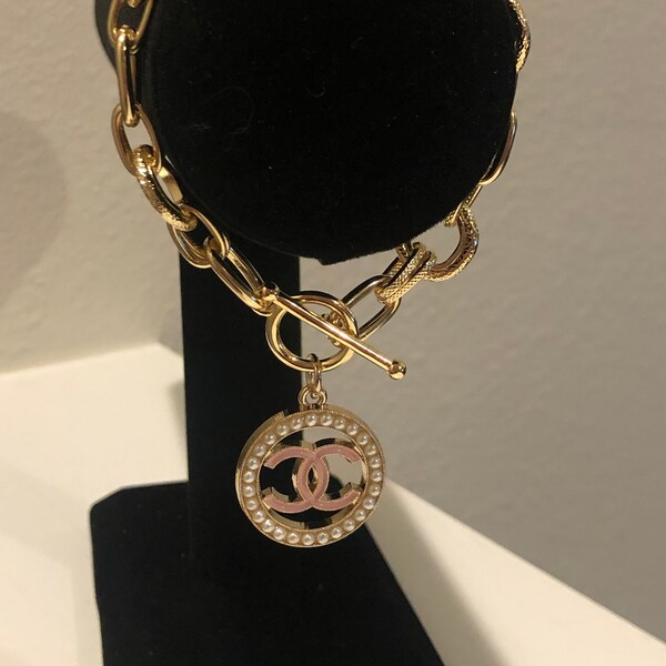 18k Gold Plated Toggle Bracelet with Pink & Pearl Designer Pendant
