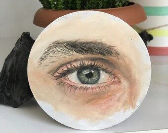 Pintura en miniatura de ojos azules, óleo original sobre madera, obra de arte de ojos redondos pequeños, ojo realista pintado a mano, retrato en miniatura.