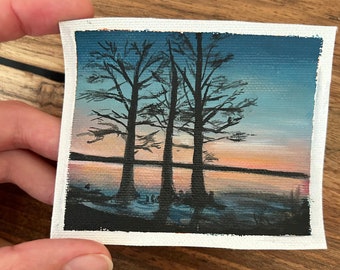 Original Sunset Lake Oil Painting – Small Nature Landscape Artwork