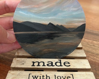 Original Sunset Mountain Oil Painting – Small Round Landscape Art