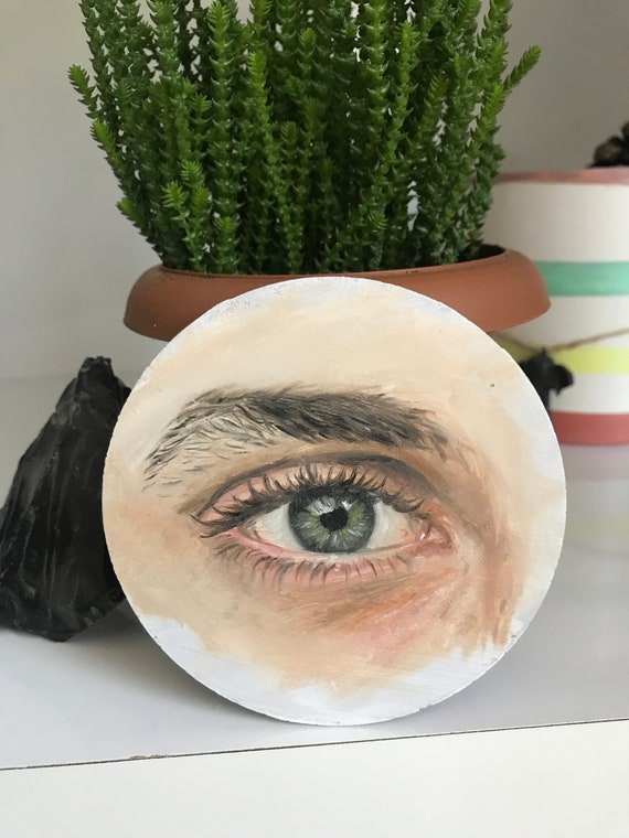 Miniature Blue Eye Painting, Original Oil on Wood, Small Round Eye Artwork, Hand-Painted Realistic Eye, Miniature Portrait Art