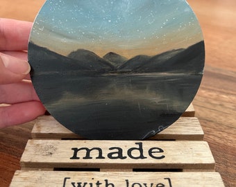Lake Sunset Oil Painting, Mountain Landscape, Small Artwork (10cm)