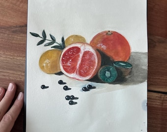 Watercolor Citrus Fruit Still Life Painting: Original Kitchen Wall Art (21x28 cm)