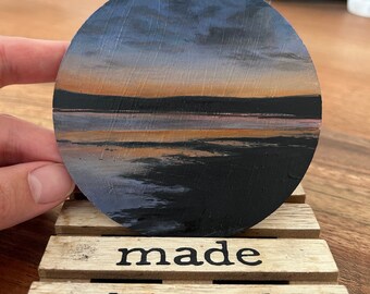 Small Round Sunset Oil Painting – Lake Landscape, Home Decor Gift