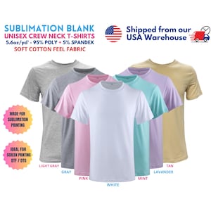 Sublimation Tshirts Blank | Polyester Cotton Feel Shirts | 5.6oz Unisex Crew Neck Blanks S to 5XL | White & Pastel Colors for Sublimation