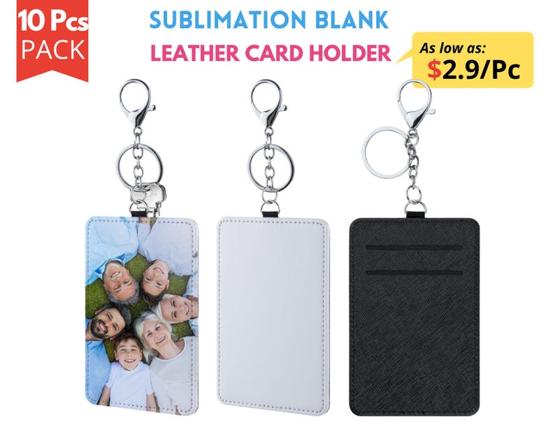 May include: A pack of 10 blank leather card holders with keychains. The card holders are white and black and have a textured surface. The keychains are silver. The image also includes a family photo on one of the card holders.
