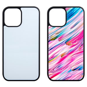 May include: Two phone cases, one white and one with a colorful abstract design. The design features pink, blue, yellow, and white paint swirls.