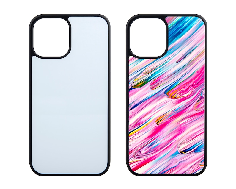 May include: Two phone cases, one white and one with a colorful abstract design. The design features pink, blue, yellow, and white paint swirls.